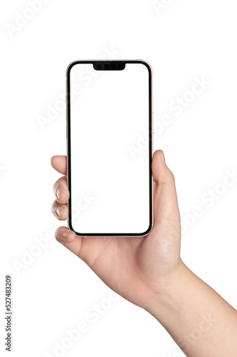  Woman hand holding smart phone on white