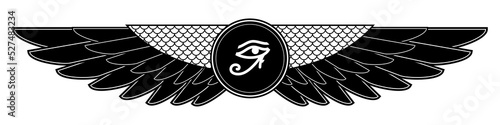 Eye of Ra, Eye of Horus with wings. Egyptian symbol, logo or icon. Print for t-shirts, books or web design. Vector illustration isolated on white background.