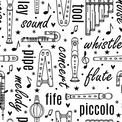Flutes seamless vector pattern. Block flute, whistle, piccolo. Wooden, metal musical instruments. Black and white tools for classical melodies. Simple sketch, background for textile, wrapping, web