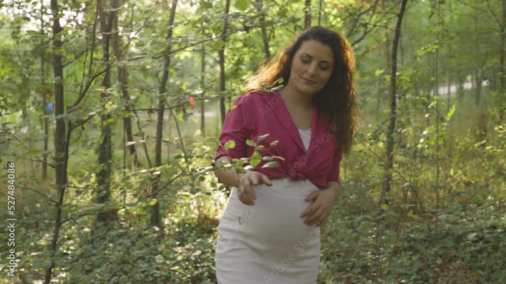 Closeup pregnant mom walking thru forest brushing tree branch and holding belly Closeup pregnant mom walking thru forest brushing tree branch and holding belly