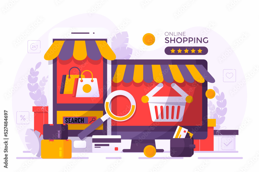 Obraz premium Mobile phone represent of front of shop store.Shopping Online on Website or Mobile Application Vector Concept Marketing and Digital marketing, Long Background