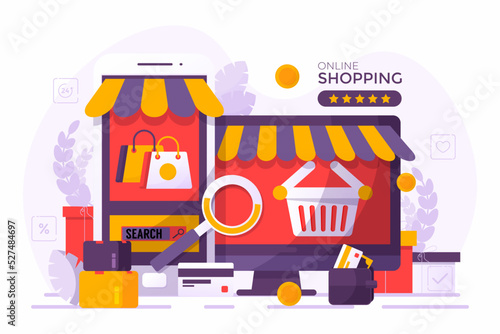 Fototapeta Naklejka Na Ścianę i Meble -  Mobile phone represent of front of shop store.Shopping Online on Website or Mobile Application Vector Concept Marketing and Digital marketing, Long Background