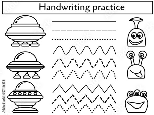 Handwriting practice sheet with UFO,  Educational children game, Coloring page with aliens and their vehicles