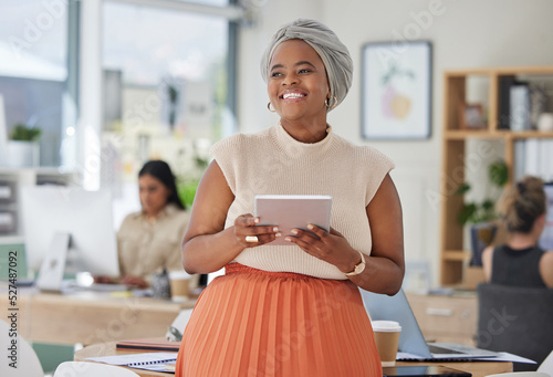 Tablet, work and happy smile of a Muslim black woman in a digital marketing office. International, global and diversity of company with a web market tech worker from Senegal with Islamic hair wrap