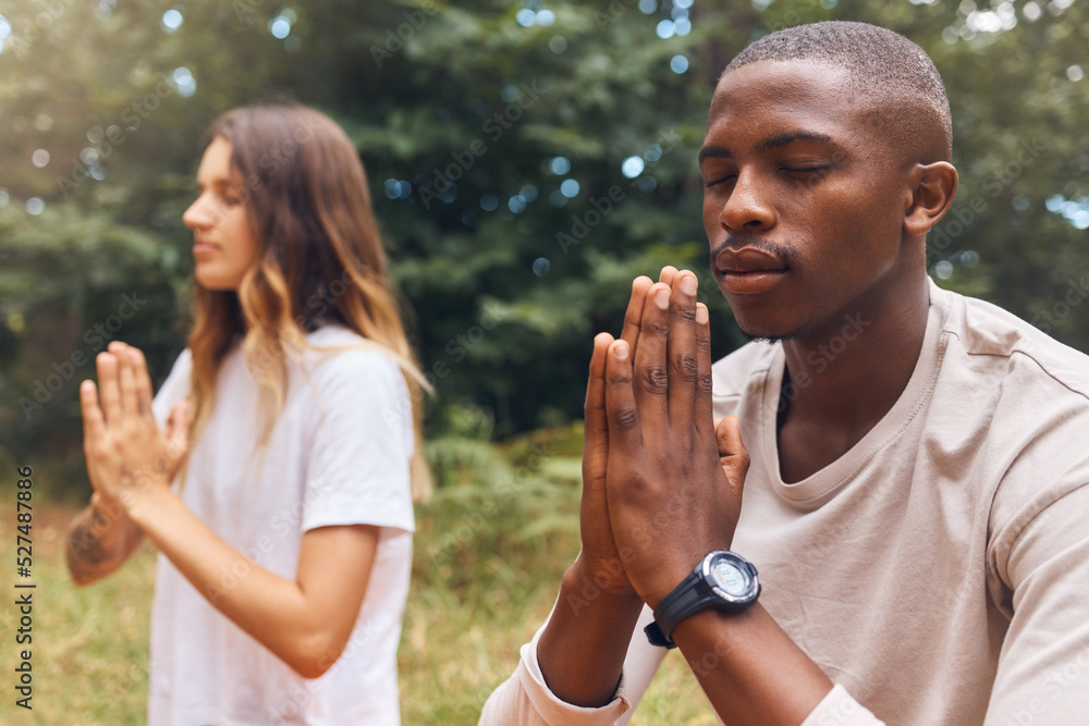 Obraz premium Yoga, meditation and wellness with a man and woman outdoor with training, workout and exercise. Mental health, zen and fitness for spiritual faith, awareness and a strong, healthy and free mind