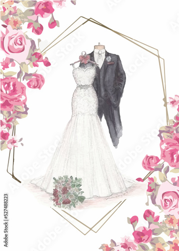Hand Drawn Wedding Outfit. Watercolor Set of Wedding Elements. Wedding Invitation Design.