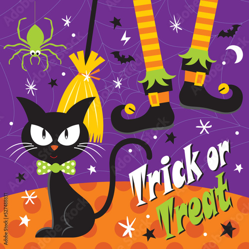 happy halloween card with black cat and witch legs