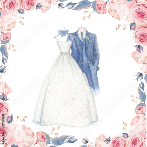Hand Drawn Wedding Outfit. Watercolor Set of Wedding Elements. Wedding Invitation Design.