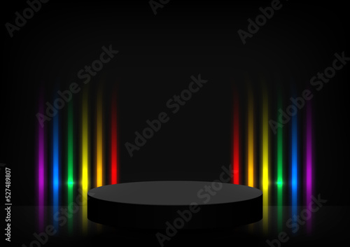 Circle black podium with neon light multicolor on dark background. Stage empty for product display, advertising, show, contest, award, and winner. Vector illustration.