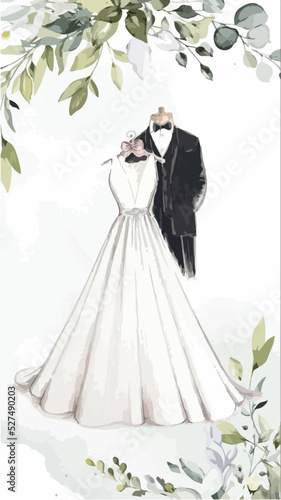 Hand Drawn Wedding Outfit. Watercolor Set of Wedding Elements. Wedding Invitation Design.