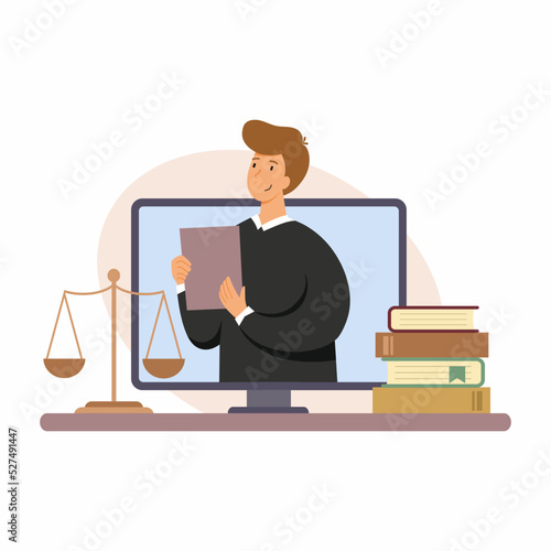 Legal advice online. Law firm. Lawyer uses computer for remote work.