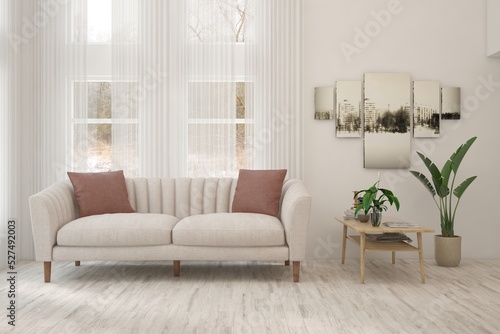 Modern living room in white color with sofa. Scandinavian interior design. 3D illustration