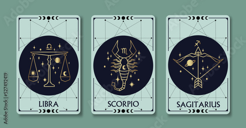Libra, Scorpio, and Sagittarius zodiac symbols linear simple style surrounded by moon phase on light green background, esoteric, and boho styles. Fit for paranormal, tarot readers, and astrologers
