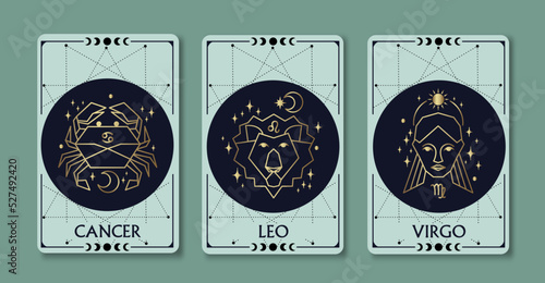Cancer, Virgo, and Leo zodiac symbols linear simple style surrounded by moon phase, luxury, esoteric, and boho styles. Fit for paranormal, tarot readers, and astrologers