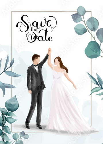 Wedding invitations card with cute couple bride and groom cartoon vector illustration