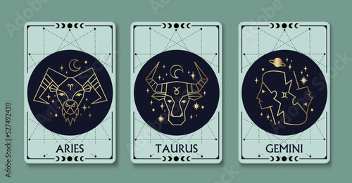 Aries, Taurus, and Gemini zodiac symbols linear simple style surrounded by moon phase on light green background, luxury, esoteric, and boho styles. Fit for paranormal, tarot readers, and astrologers