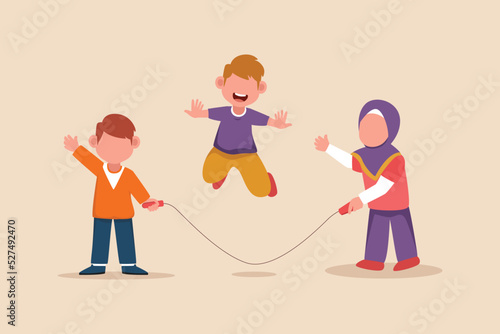 Happy cute children playing jump rope. Playing activity concept. Flat vector illustrations isolated.