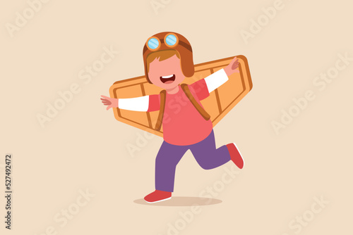 Happy cute boy in pilot costume playing toy plane. Playing activity concept. Flat vector illustrations isolated.