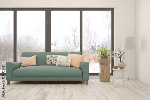 White living room with sofa and winter landscape in window. Scandinavian interior design. 3D illustration