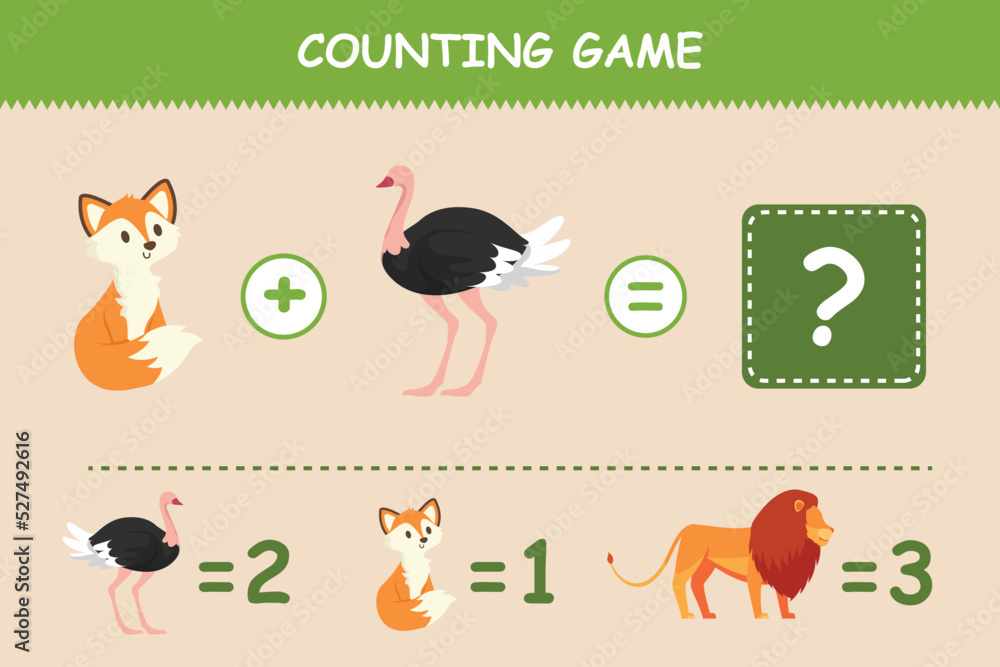 Animal counting game for children. Addition by counting cute. Kids puzzle concept. Flat vector illustration isolated.