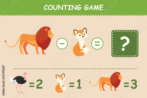 Animal counting game for children. Addition by counting cute. Kids puzzle concept. Flat vector illustration isolated.
