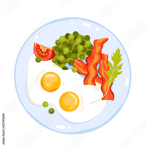 Protein English breakfast, cooking morning food with fat vector illustration. Cartoon isolated fried hot ham bacon pieces and eggs, green peas, parsley leaf and tomato slice on plate, top view