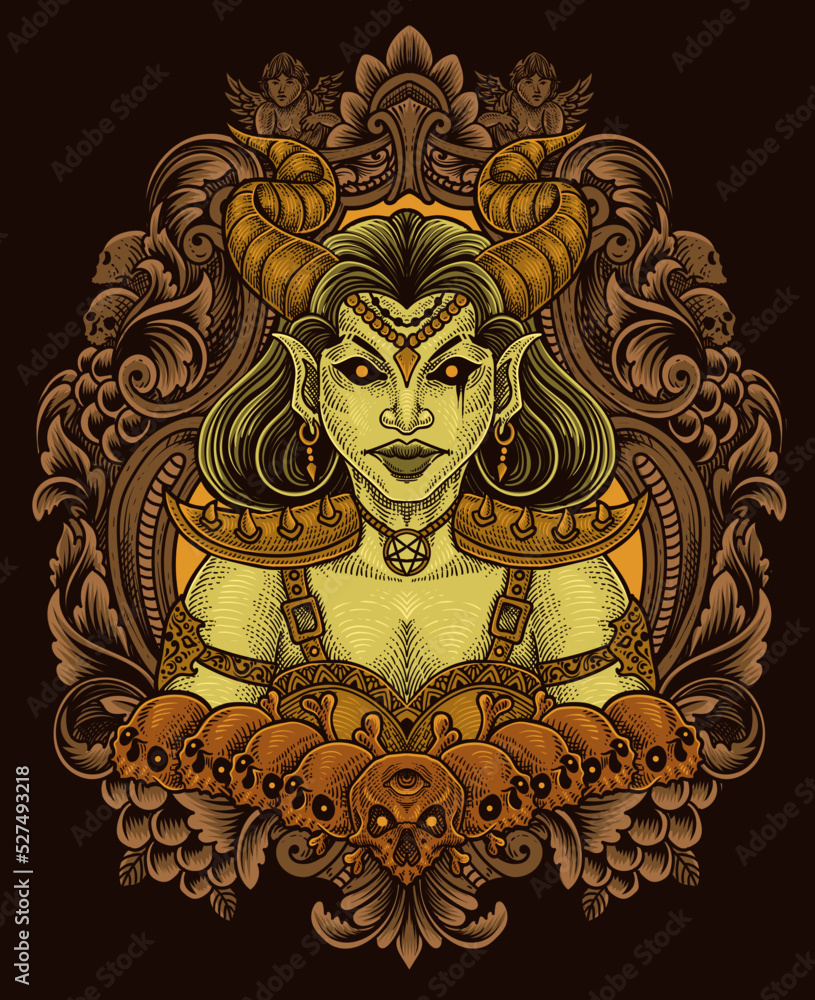 Illustration Demon girl with skull antique engraving style perfect for T-shirt, Hoodie, Jacket, Poster