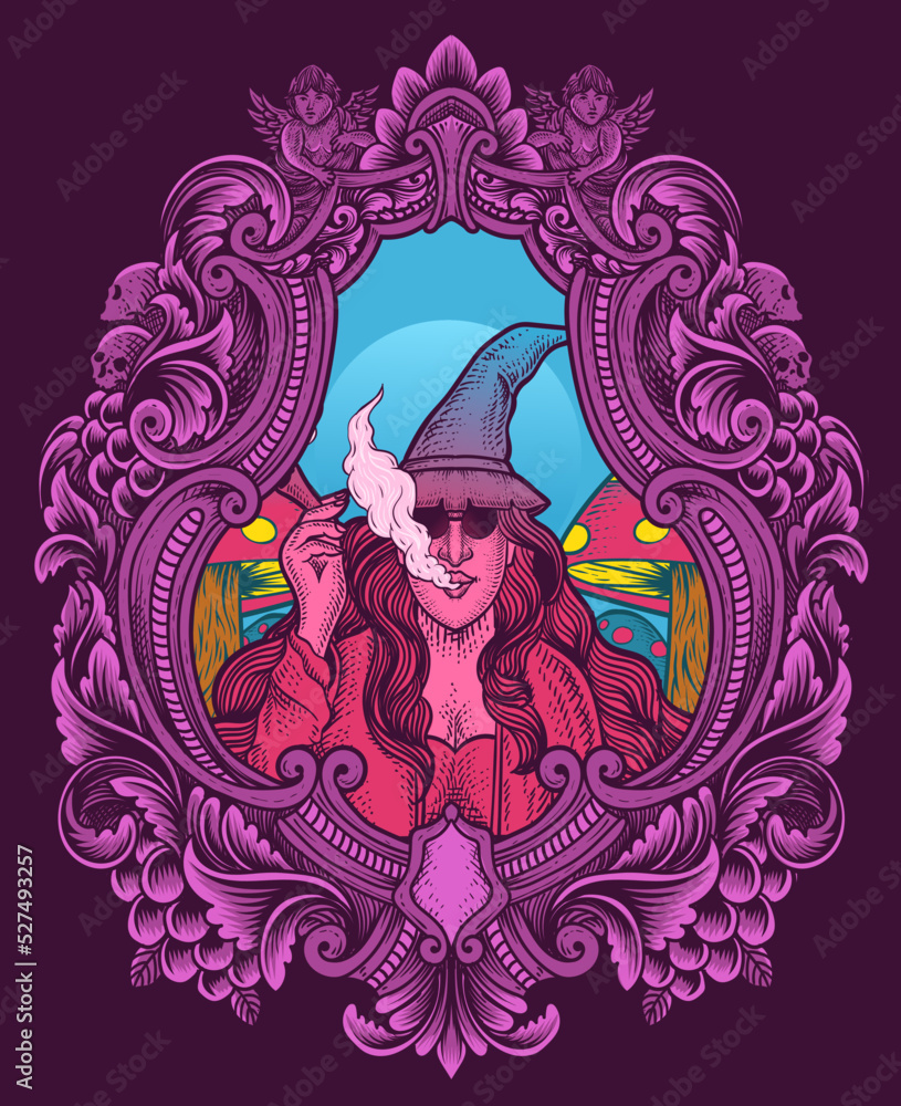 illustration witch smoking marijuana with pink engraving ornament frame