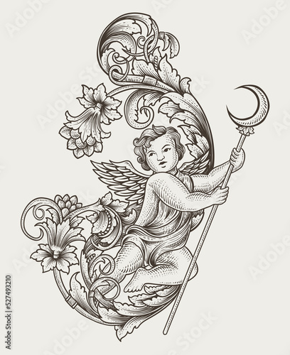 illustration cupid angel with engraving ornament antique style
