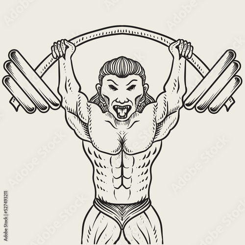 Illustration bodybuilder lifting a very heavy barbell black and white color