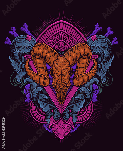 illustration Goat skull with antique engraving ornament style Good for all clothing and merchandise
