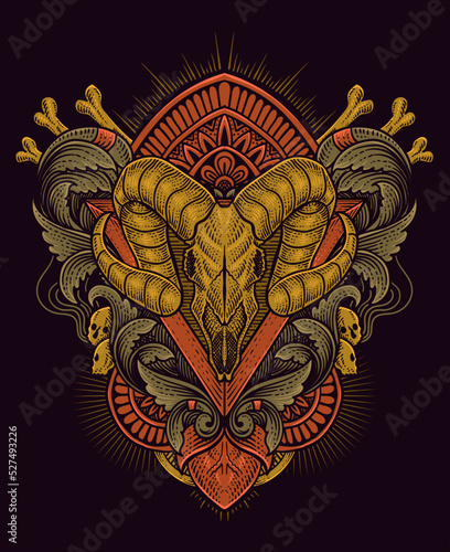illustration Goat skull with antique engraving ornament style Good for all clothing and merchandise