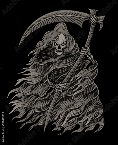 Illustration scary grim reaper with vintage engraving style