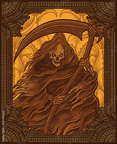Illustration scary grim reaper with vintage engraving style