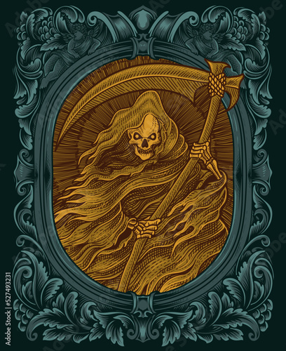 Illustration scary grim reaper with vintage engraving style