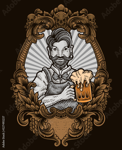 Illustration vintage bartender with antique engraving frame
