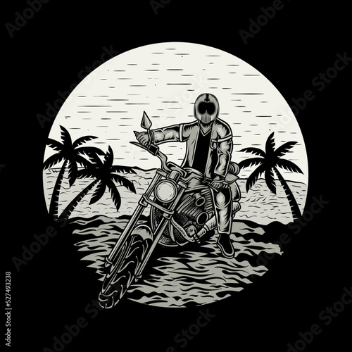 illustration biker with motorcycle on the beach - vintage engraving frame