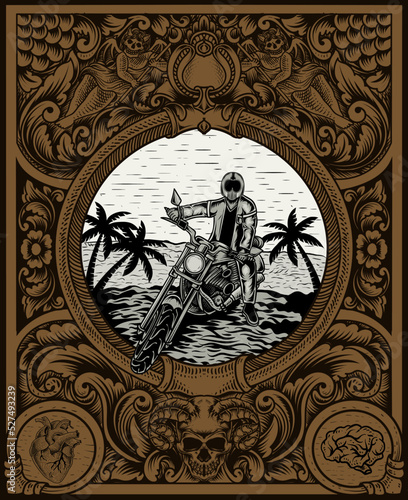 illustration biker with motorcycle on the beach - vintage engraving frame