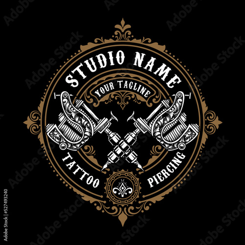 vintage tattoo studio logo with 2 tattoo machine