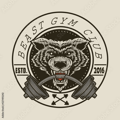 Fitness logo with wolf head biting barbell