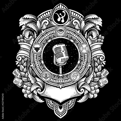 Illustration vintage microphone with antique engraving ornament frame