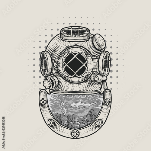 illustration antique diving helmet on white background