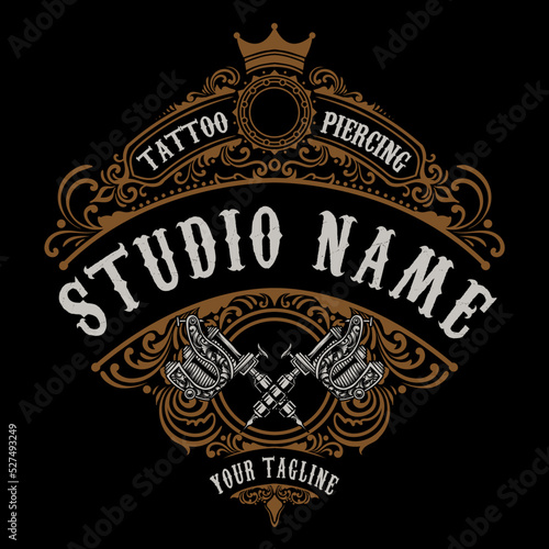 vintage tattoo studio logo with 2 tattoo machine