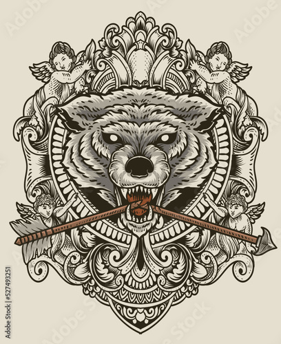 illustration vintage wolf head with antique engraving ornament style