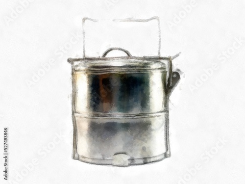 stainless steel food container on white background watercolor style illustration impressionist painting.