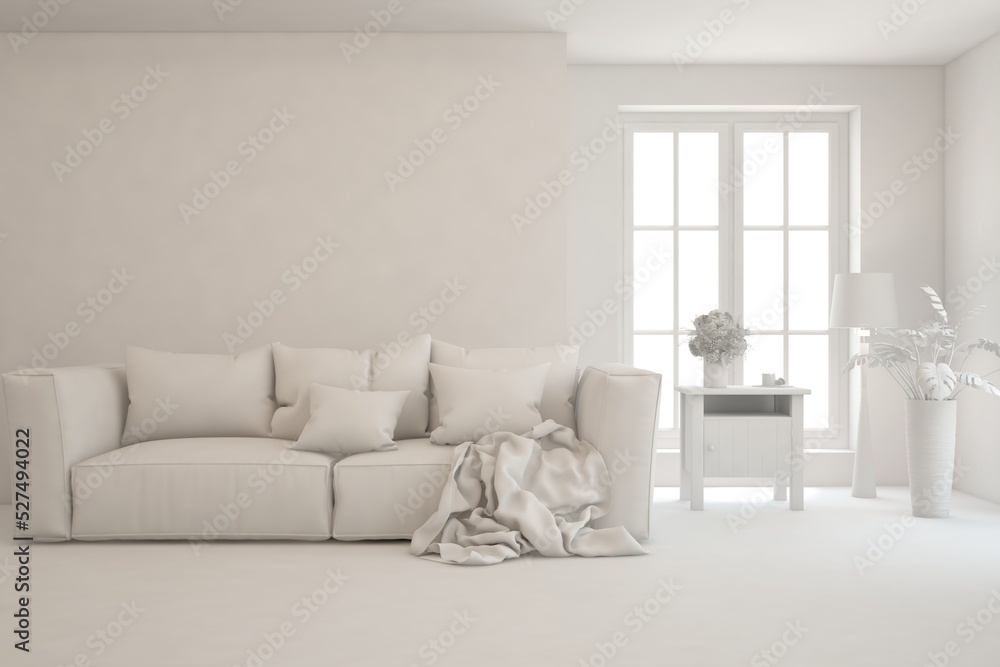 Fototapeta premium White minimalist living room with sofa. Scandinavian interior design. 3D illustration