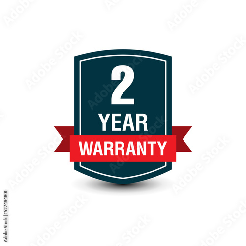 2 Year warranty simple, modern vector badge with red ribbon isolated on white background.