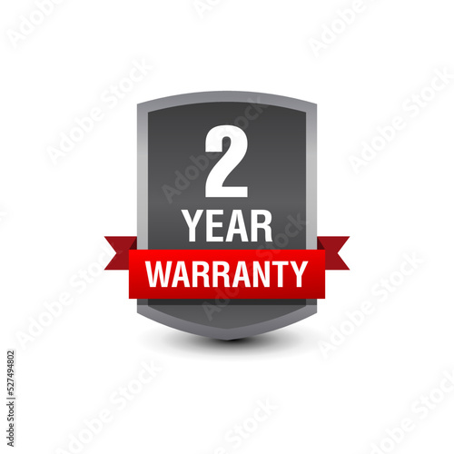 Strong powerful 2-Year warranty vector badge logo with red ribbon isolated on white background. 