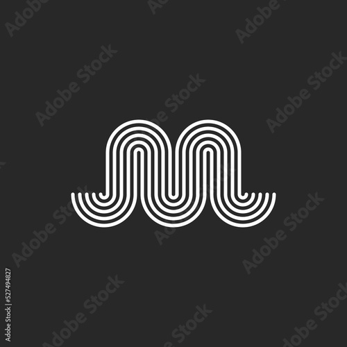 Letter M logo minimal monogram initial serpentine shape, smooth parallel black and white thin lines waves pattern.