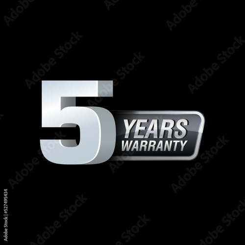 Silver color 5 Year warranty badge on black background. Vector illustration. 
